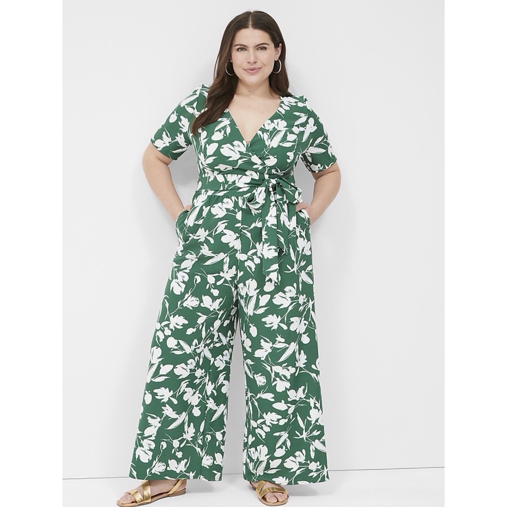 Lane Bryant Green and White Floral Wide-Leg Jumpsuit